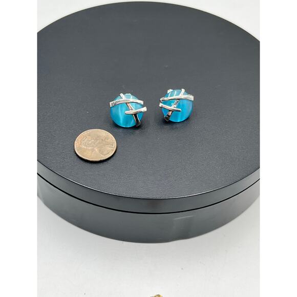 DOBBS 925 PE Sterling Silver Blue Stone Cabochon Pierced Earrings Vintage 5/8" - Picture 2 of 16